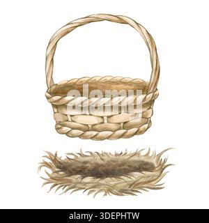 Un set monocromatico di cesti di vimini vuoti con manico e nido di uccello rotondo. Illustrazione acquerello in beige su sfondo isolato. Realistico Foto Stock