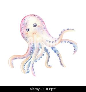Adorabile polpo sorridente di acquerello. Stile infantile. Scogliera dei vivai del mondo sottomarino. Illustrazione ad acquerello disegnata a mano a tema oceano Foto Stock