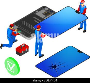 Servizio di riparazione del telefono cellulare. Persone isometriche in riparazione uniforme schermo rotto dello smartphone. supporto internet online. modello di landing page. vec. isolata Illustrazione Vettoriale