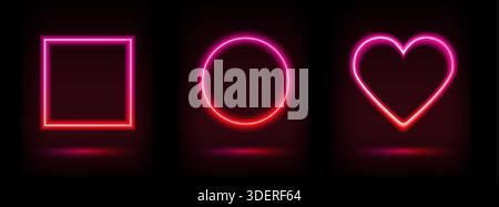 illustrazione. Cornici luccicanti al neon a forma quadrata, rotonda e a cuore. su sfondo scuro. Illustrazione Vettoriale