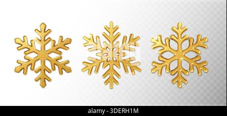 illustrazione realistica dell'icona vettoriale. Set di fiocchi di neve dorati scintillanti su sfondo trasparente. Illustrazione Vettoriale