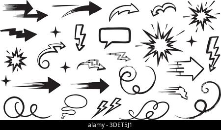 Una collezione completa di scarabocchi a inchiostro nero disegnati a mano con frecce di movimento, esplosioni comiche e fulmini per un design grafico dinamico. Illustrazione Vettoriale