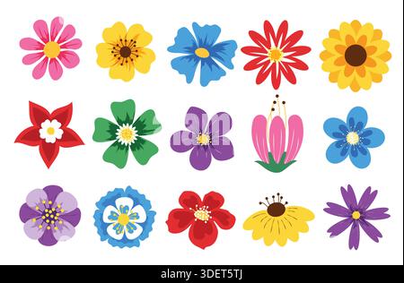 Set di clipart colorati con fiori. Fiori primaverili come margherite, camomilla, narcisi e tulipani, acquerelli e disegni pastello clip art floreali Illustrazione Vettoriale