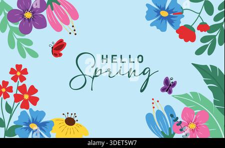 Hello Spring Flowers Border clipart design. Clip art di benvenuto in primavera con fiori colorati sullo sfondo per il banner della stagione primaverile Illustrazione Vettoriale