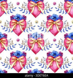 Motivo ad acquerello senza cuciture con romantiche forme del cuore decorate con fiocchi, fiori di anemone blu e foglie delicate. Dipinto a mano con motivi floreali Foto Stock