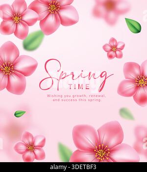 Design del poster della clipart di saluto primaverile. Saluto primaverile e testo dei desideri con un bellissimo biglietto d'invito per clip art di fiori di ciliegio rosa Illustrazione Vettoriale