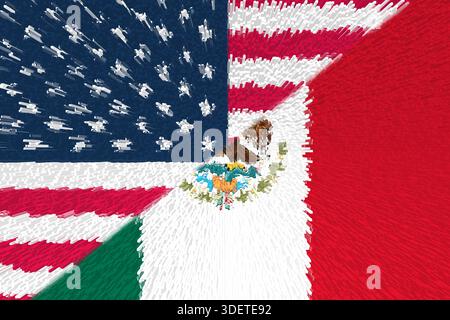 Illustrazione delle bandiere nazionali degli Stati Uniti e del Messico che simboleggiano le tensioni diplomatiche e le relazioni bilaterali tra i due paesi. 2026 Foto Stock
