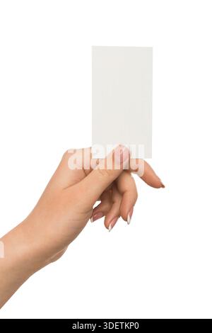 Mano umana che tiene in mano una scheda vuota per un messaggio di testo Foto Stock