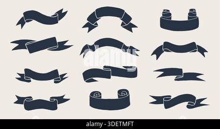 Set di icone per striscioni a nastro neri disegnati a mano Illustrazione Vettoriale
