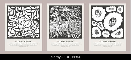 Set di poster floreali astratti. Fiori e foglie goffi in uno stile retrò alla moda e ingenuo. Illustrazione Vettoriale