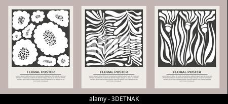 Set di poster floreali astratti. Fiori e foglie goffi in uno stile retrò alla moda e ingenuo. Illustrazione Vettoriale