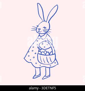 Simpatico coniglietto pasquale disegnato a mano con un cestino pasquale. Arte minimale in linea blu in un ingenuo stile di arte popolare. Illustrazione Vettoriale