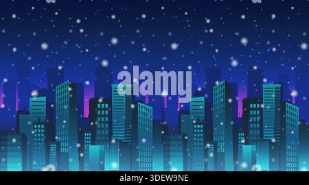 Illustrazione in stile cartoni animati vettoriali. Paesaggio urbano con vista sui grattacieli notturni della città e nevica intorno. Illustrazione Vettoriale