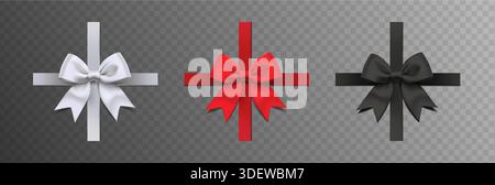 illustrazione dell'icona del vettore realistico 3d. Set di fiocco rosso, bianco e nero per regali e confezioni regalo. Illustrazione Vettoriale
