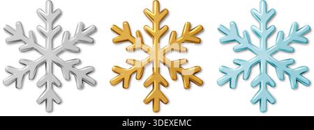 illustrazione realistica dell'icona vettoriale. Set di fiocchi di neve natalizi in oro, argento e blu. Isolato su sfondo bianco. Illustrazione Vettoriale
