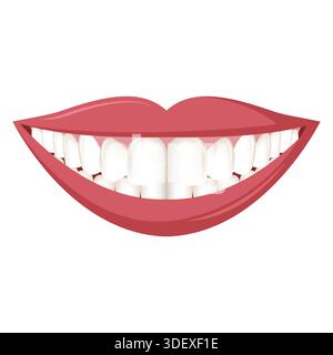 Bella bocca sorridente con denti sani in stile piatto su sfondo bianco Illustrazione Vettoriale