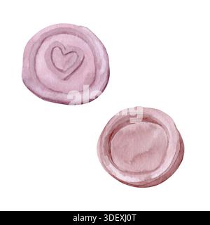 Sigillo in cera con delicati dettagli cardiaci, acquerello dipinto a mano isolato su sfondo bianco. Perfetto per articoli di cancelleria, branding e inviti Foto Stock