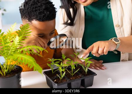 Donna e bambino afroamericani che si appoggiano, puntano, sbirciano attraverso la lente sul vassoio di semina a casa Foto Stock
