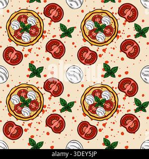 Modello vettoriale senza cuciture di pizze margherita intere, pomodori a fette e foglie di basilico su uno sfondo macchiato. Illustrazione Vettoriale