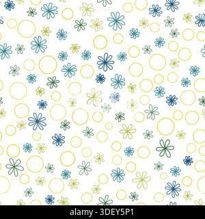 Motivo senza cuciture con piccoli fiori e cerchi. Design per la stampa in stile retrò. Delicati fiori blu/verdi su sfondo bianco Illustrazione Vettoriale