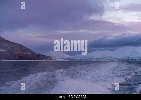 Una serena alba su un fiordo norvegese coperto di neve. Foto Stock