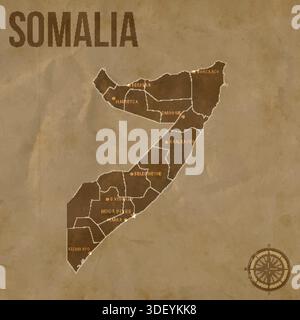 Mappa vintage SOMALIA con regioni confini e principali città posizioni Illustrazione Vettoriale
