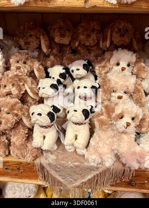 Collezione di cuccioli e bulldog di peluche su uno scaffale di legno in una boutique di giocattoli. Foto Stock