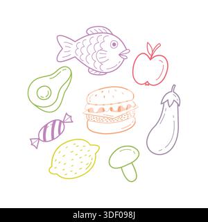 Set di icone del contorno degli alimenti disegnate a mano isolate su sfondo bianco. Include hamburger di pesce di frutta e verdura e specialità dolci. Illustrazione Vettoriale