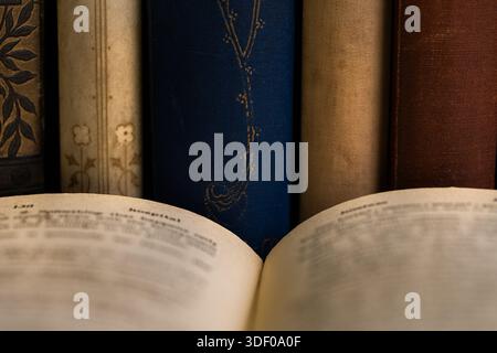 Un primo piano di un libro aperto con una fila di vecchi libri sullo sfondo. Foto Stock