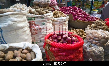 Verdure e tuberi assortiti esposti in sacchi in un mercato, mostrando una vasta selezione di prodotti freschi. Foto Stock