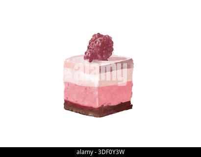 Immagine digitale ad acquerello di una fetta di torta ricoperta di fragole fresche, panna e lampone. Foto Stock