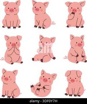 Adorabili maiali. Illustrazione Fantasy Farm Animal Vector per bambini, arte vivaistica e libri per bambini Illustrazione Vettoriale