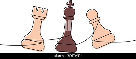 Contorno minimalista lineare di una torre, un re e un pedone scacchiera inclinati su una linea, contorno astratto arte di strategia Illustrazione Vettoriale