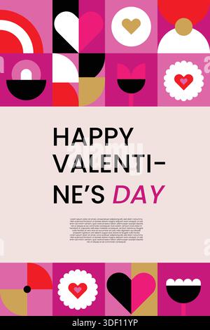 L'illustrazione del poster di San Valentino presenta uno stile geometrico moderno con colori romantici e forme giocose. Progettato per esprimere l'amore Illustrazione Vettoriale