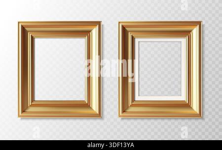 illustrazione realistica dell'icona vettoriale. Set di cornici dorate con cornice in carta e senza. Illustrazione Vettoriale