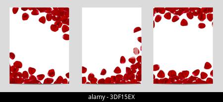 illustrazione vettoriale realistica. I petali cadenti di rosa rossa incorniciano il bordo su sfondo bianco. Presentazione in background di bellezza e bellezza. Illustrazione Vettoriale