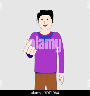 Un uomo dei cartoni animati con una camicia viola regge un cartello d'amore. L'immagine ha un umore spensierato e divertente, mentre l'uomo sorride e fa un gesto di lo Illustrazione Vettoriale