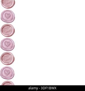 Guarnizione in cera, sottile dettaglio del cuore bordo verticale in acquerello senza cuciture isolato su bianco. Perfetto per articoli di cancelleria, branding, inviti, romantici Foto Stock