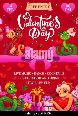 Volantino per la festa di San Valentino o modello per poster. Banner vettore romantico per feste, poster per le festività di San Valentino. Modello di volantino con simpatici personaggi dei cartoni animati serpenti, fiori, regali e cuori d'amore Illustrazione Vettoriale