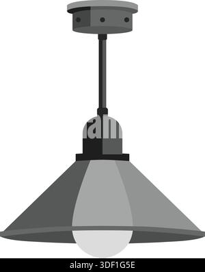 Una lampada a sospensione a forma di cono appesa a uno stelo corto con paralume e lampadina grigio tenue. Illustrazione Vettoriale