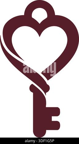 Una chiave rossa profonda con un fiocco a forma di cuore e un dente semplice, disegnata come un'audace silhouette grafica. Illustrazione Vettoriale