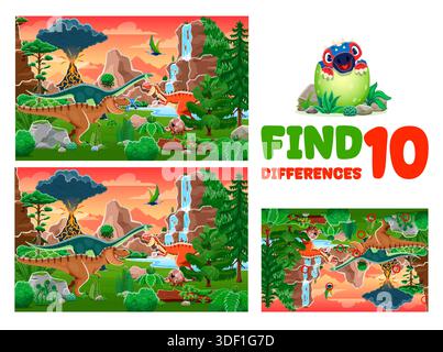 Trova dieci differenze tra i dinosauri preistorici. Foglio di lavoro del quiz del gioco per bambini con Monolophosaurus, Tyrannosaur, Amygdalodon e Raptor, Doedicurus sul paesaggio preistorico Illustrazione Vettoriale