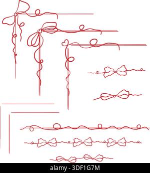 Graziosi fiocchi, angoli e cornici seducenti. Fiocchi e nastri disegnati a mano, isolati su sfondo bianco. Per matrimoni, vacanze, decorazioni per feste, g Illustrazione Vettoriale