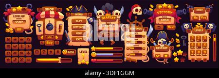 Interfaccia di gioco arcade pirata, risorsa elementi gui. Pulsanti, menu, tabelloni, icone e controlli dell'interfaccia utente vettoriale cartoni animati con tesori, teschi, spade ed elementi nautici . per giochi mobili o di avventura Illustrazione Vettoriale