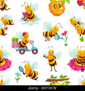 Personaggi cartoni animati di api mellifere motivo senza cuciture. Api allegre che leggono, innaffiano fiori, cavalcano scooter, trasportano secchi. Agricoltura apiaria e apicoltura, stampa tessile con caratteri vivaci Illustrazione Vettoriale