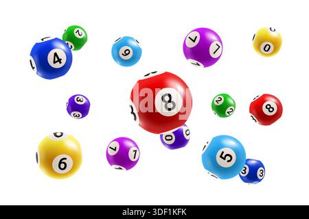 lotteria bingo realistica in 3d con palline vettoriali rosse, blu e viola, verdi e gialle, gioco di lotto con numeri fortunati. Pubblicità casinò, promozione gioco d'azzardo, gioco di lotteria bingo online Illustrazione Vettoriale