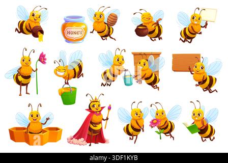 Cartoni animati cartoni animati con miele, fiori e alveare. Simpatici personaggi di api, operai e studentesse che raccolgono miele con pentole, leggono libri, tengono fiori, favi di miele e cartello Illustrazione Vettoriale