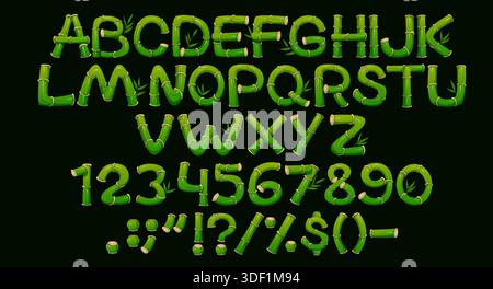 Font di bambù, carattere della foresta della giungla, tipo di pianta, tipografia vettoriale dell'alfabeto inglese ecologico. Cartoni animati natura tropicale asiatica caratteri lettere e numeri Set di bastoncini di bambù, steli di legno e foglie verdi Illustrazione Vettoriale