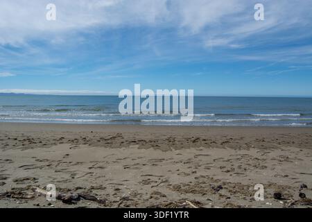 Una tranquilla spiaggia con onde morbide che si infrangono sulla riva sotto un cielo azzurro. La spiaggia sabbiosa è punteggiata di impronte e di alberi da posta, creati Foto Stock