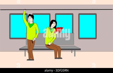 Due persone sedute su un treno, una che legge un libro. La scena è spensierata e giocosa Illustrazione Vettoriale